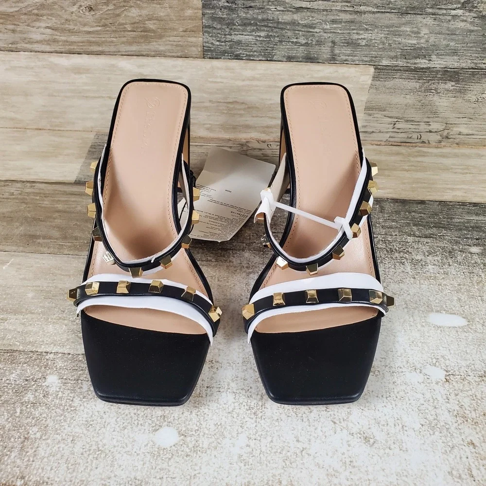 The Drop Black Studded Avery Heels Sz 8.5 Square Toe Slip On‎ High Heeled Sandal